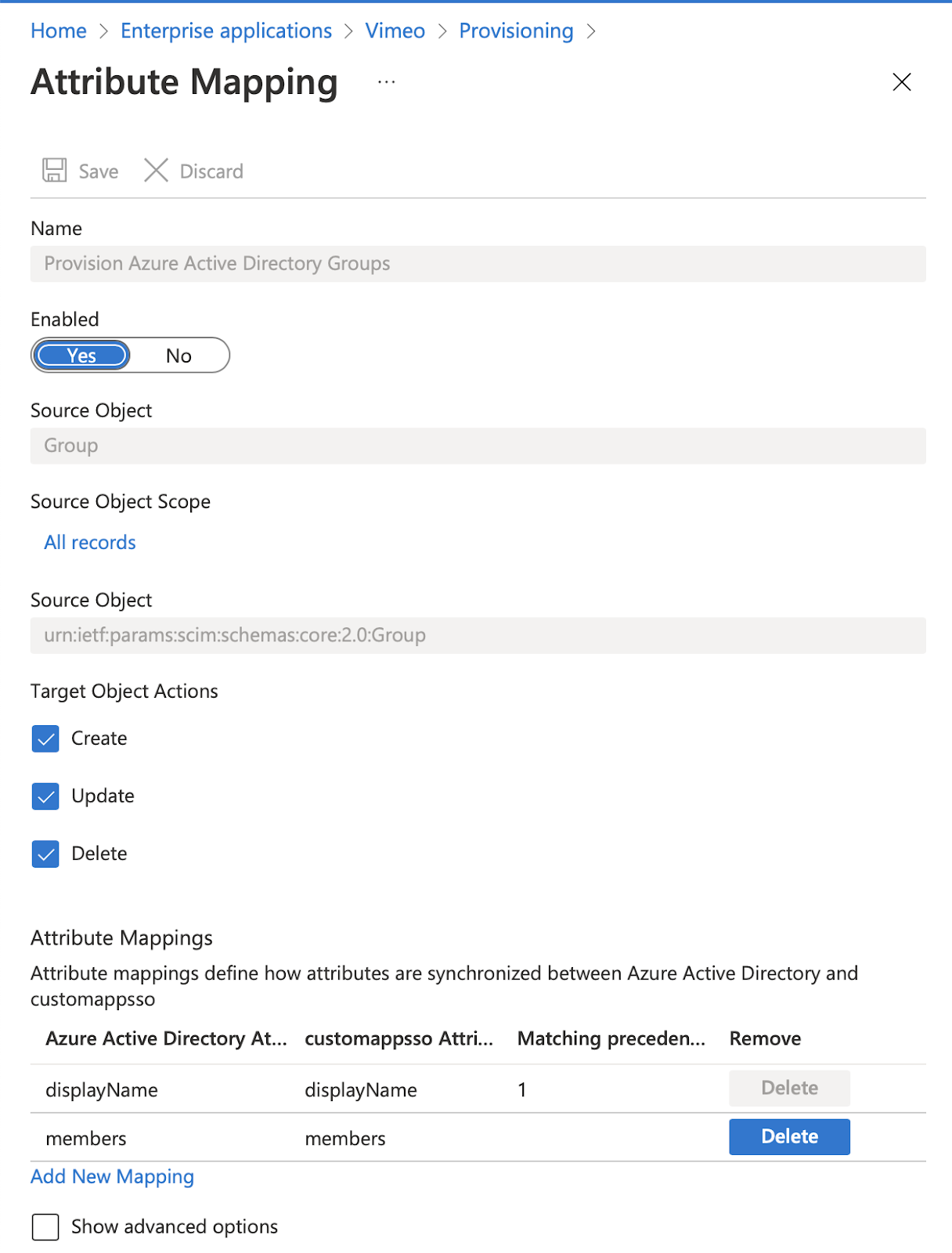 Attribute mapping page within Entra ID platform