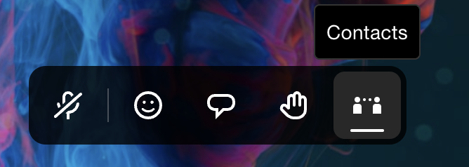 Event action bar featuring navigation icons. The "People" icon (represented by two silhouettes) is hovered over, displaying a floating tooltip labeled "Contacts". Other visible icons include a muted microphone, a smiley face for reactions, a chat bubble, and a hand icon.