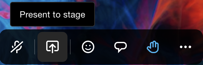 Event action bar highlighting the presentation feature. The screen share icon (a square with an upward arrow) is selected, displaying a floating tooltip labeled "Present to stage". Surrounding icons include a microphone, emoji reaction, chat bubble, and hand raise.