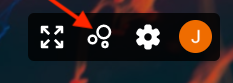 navigation toolbar featuring a red arrow pointing to the "View modes" icon (represented by three circles). The toolbar also contains a Fullscreen icon (outward arrows), a Settings gear, and an orange user profile avatar.