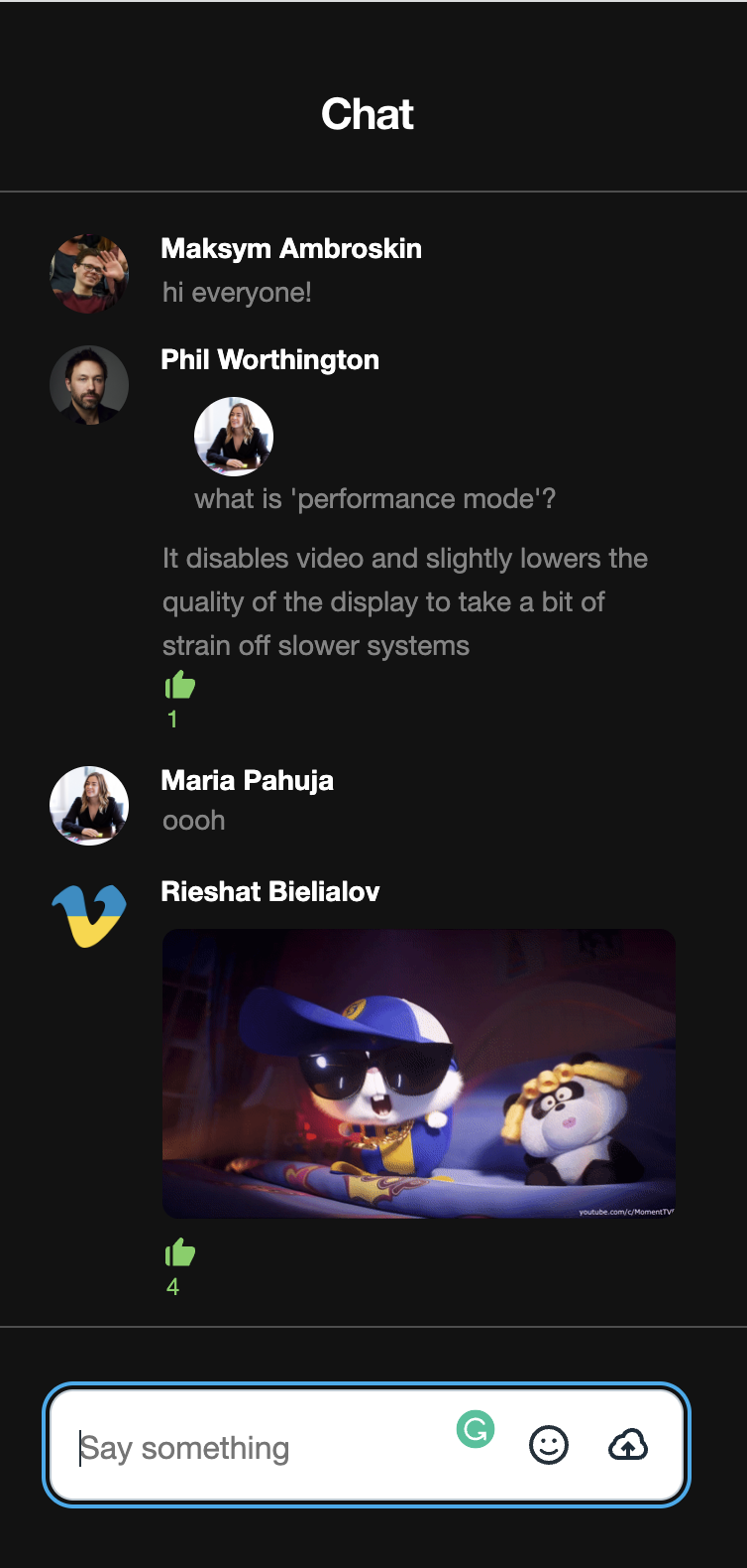 "Chat" sidebar panel displaying a conversation thread. Messages from users are displayed.
