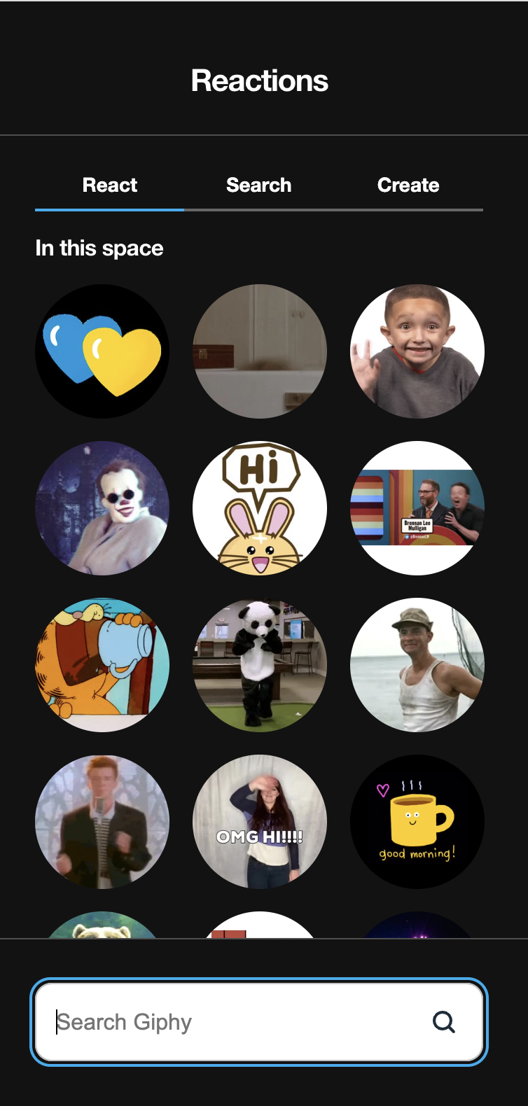 "Reactions" interface panel with tabs for "React," "Search," and "Create." A section labeled "In this space" displays a grid of circular animated stickers, such as hearts and a waving rabbit, located above a "Search Giphy" input field.