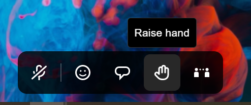 Bottom action toolbar overlaid on a blurred background. Icons from left to right include Microphone (muted), Reactions (smiley face), Chat, Raise Hand (hand icon), and People. A text tooltip reading "Raise hand" appears above the selected hand icon.