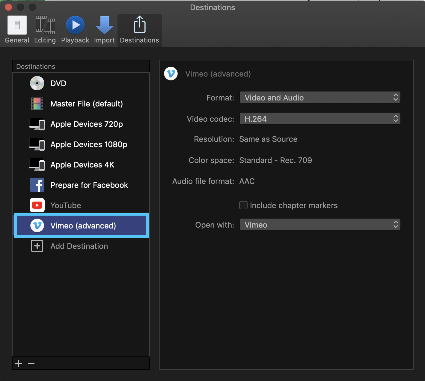 A screenshot showing the destinations menu in Final Cut. The left panel has multiple destinations where you can export your video. Vimeo (advanced) is selected as the destination in the left panel. The right panel shows the export settings of Vimeo (advanced).