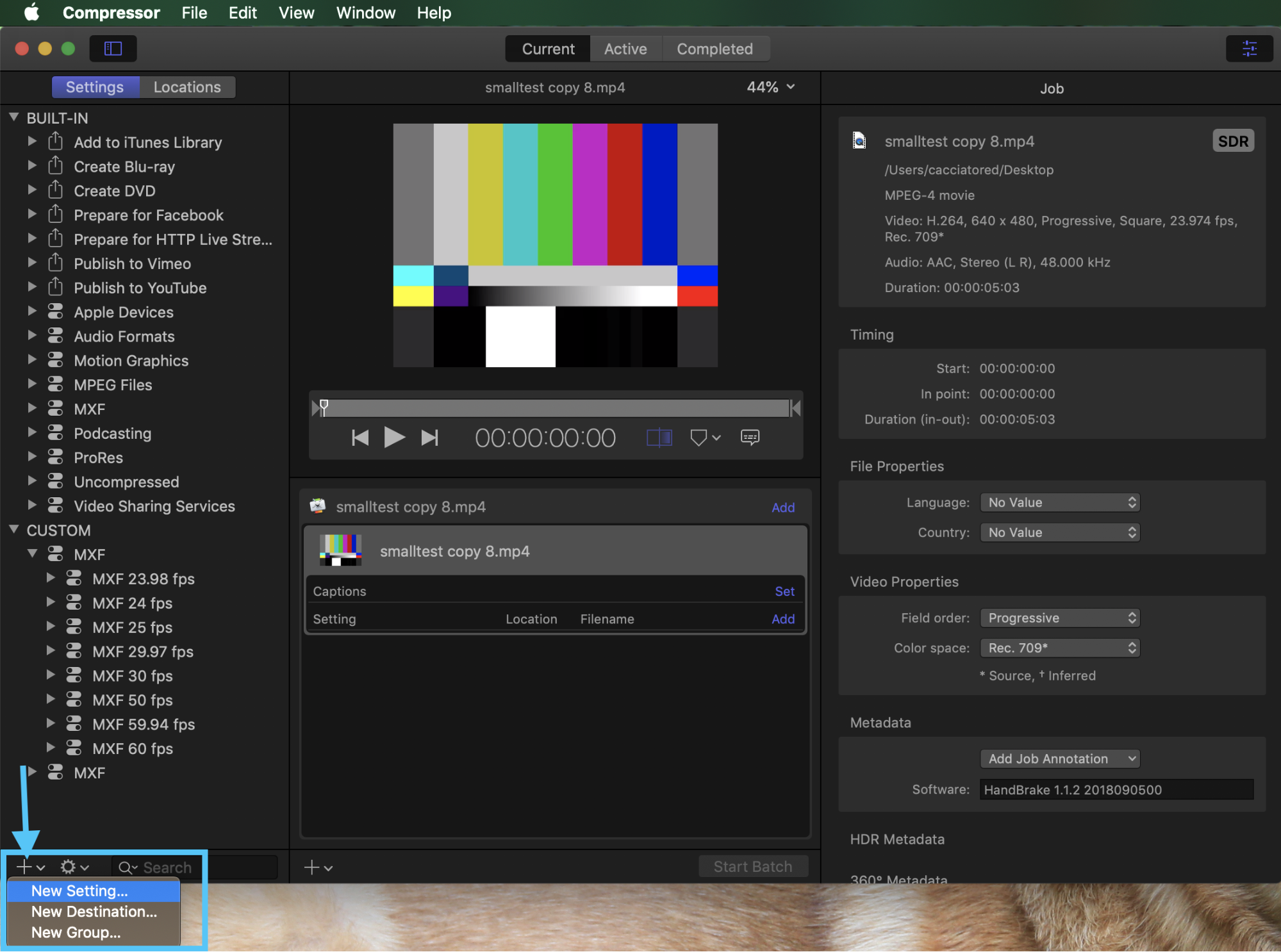Screenshot of the Compressor interface with the Settings panel selected. In the bottom-left corner, the '+' menu is selected with the options New Setting, New Destination, and New Group shown. New Setting is highlighted