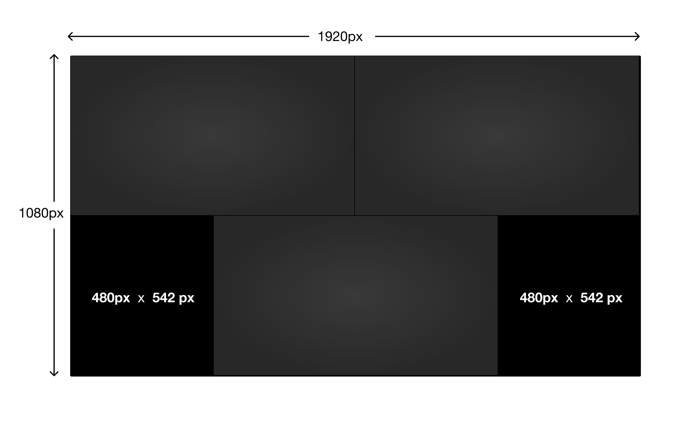 The layout of three speakers in an event. Two speakers are side by side on the top-half of the screen. The third speaker is in the middle of the lower half. The dimensions of the screen are 1920px x 1080px. This leaves 420x542 space to the left and right of the one speaker on the lower half.