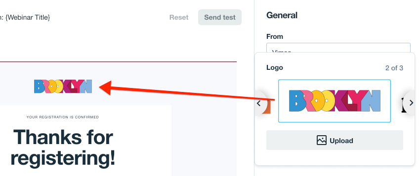 Screenshot showing the top of the email general settings panel on the right side of the page, showing a selected logo and pointing that it appears at the top of the email.