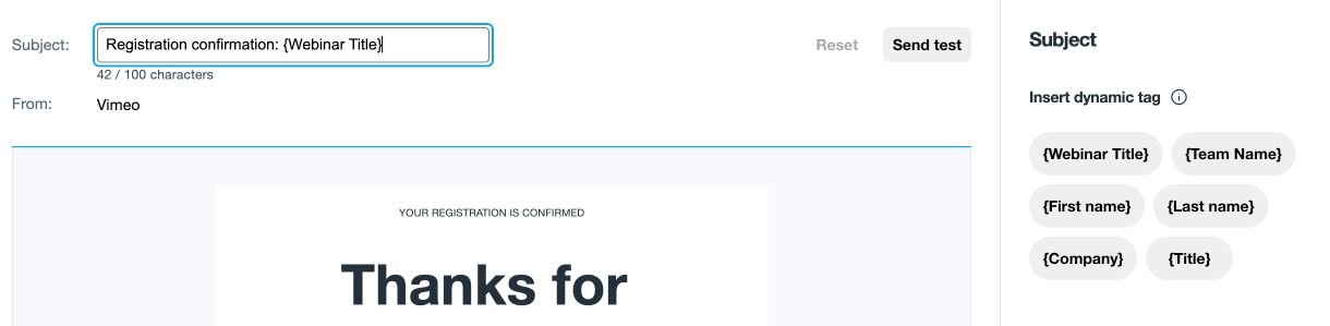 Screenshot showing the Subject text field at the top of the email preview and the Subject settings panel with dynamic tag options on the right.