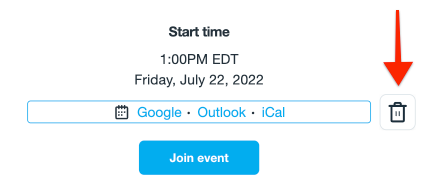 Screenshot showing Google, Outlook, and iCal links in the emails, with an arrow pointing to a trashcan icon.