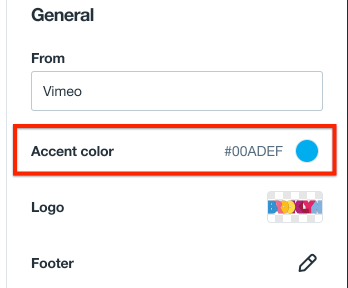 Screenshot showing the top of the email general settings panel on the right side of the page, highlighting the accent color setting.