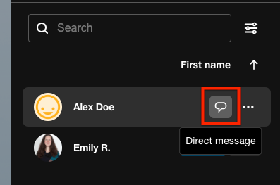 An attendee list entry for 'Alex Doe' with the chat bubble icon highlighted in a red box