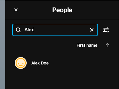 The 'People' side panel showing 'Alex' typed into the search bar at the top of the list. It shows there is a person named Alex in the venue.