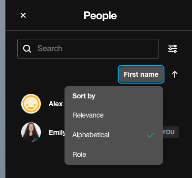 The 'Sort by' dropdown menu expanding from the 'First name' label, displaying options for Relevance, Alphabetical, and Role.