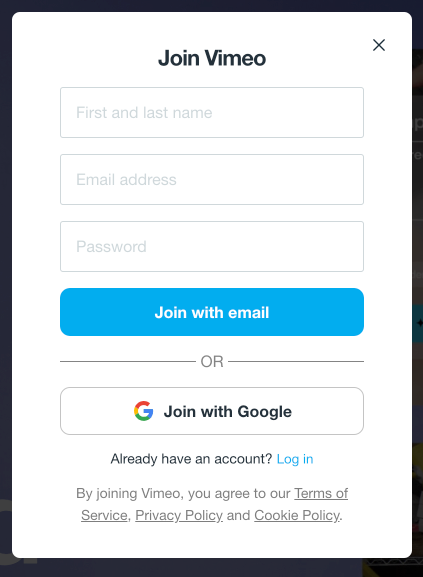 Un écran de démarrage blanc pour rejoindre Vimeo avec des champs de texte pour le nom, l'e-mail et le mot de passe, ainsi qu'un bouton indiquant «&nbsp;Rejoindre avec l'e-mail&nbsp;». une invite alternative pour rejoindre Google est également affichée.
