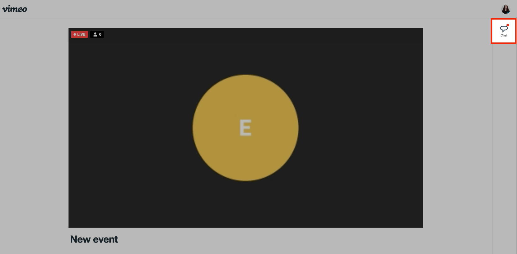 Vimeo event page on a desktop browser displaying a video player with a central 'E' avatar. A red box highlights the Chat bubble icon located in the top right corner of the page.