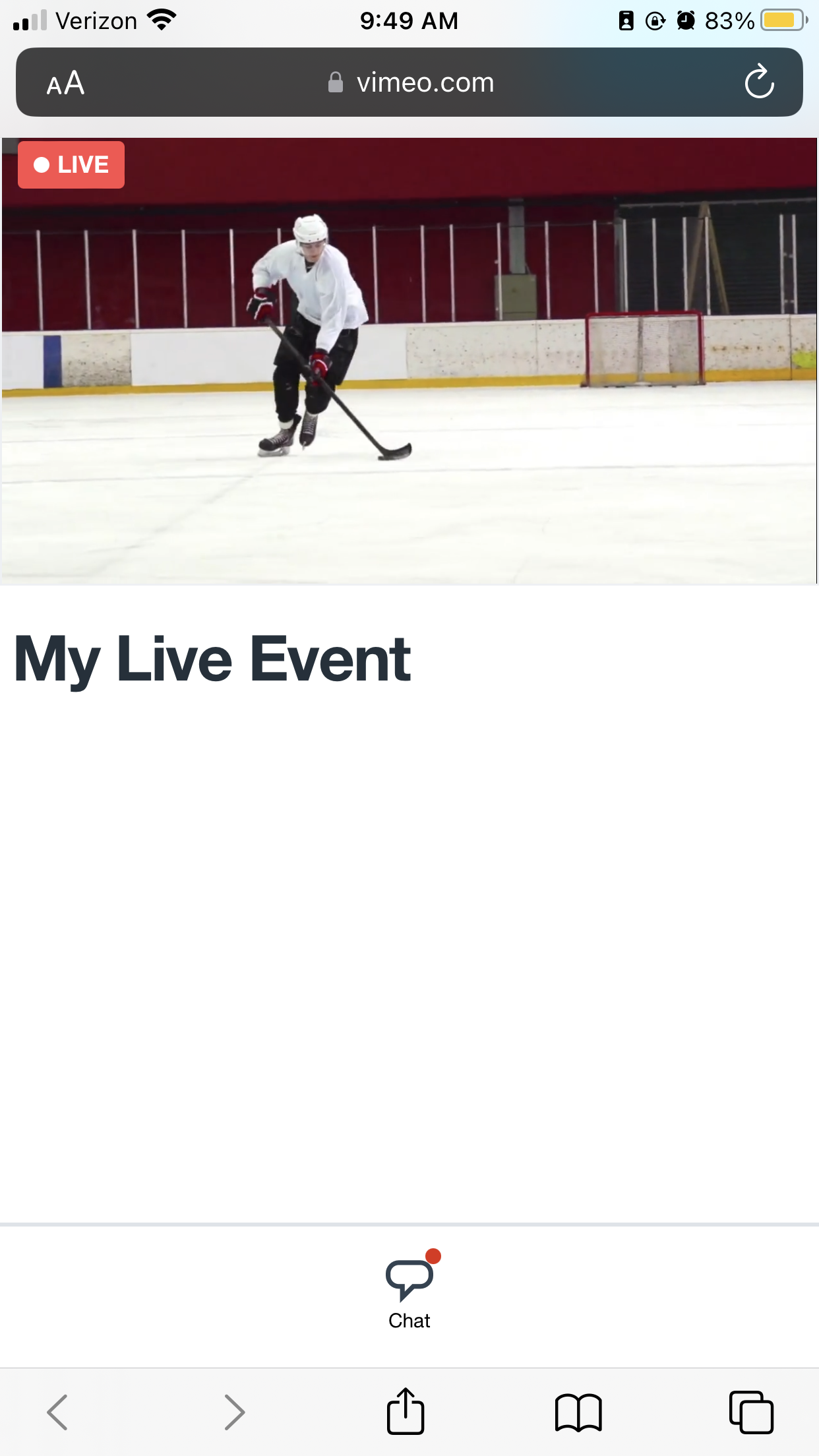 Vimeo event page on a mobile interface showing a live video of a hockey player. The interface includes a 'Live' badge in the top left and a 'Chat' tab active below the video player.
