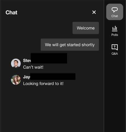 Chat sidebar interface. Messages from users 'Steve' and 'Jay' are visible. A navigation rail on the right displays icons for Chat, Polls, and Q&A
