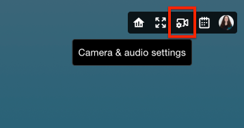 Top-right navigation toolbar on a dark background. A red box highlights the "Camera & audio settings" icon, represented by a video camera with a small gear inside. A floating tooltip reading "Camera & audio settings" appears below the icon.
