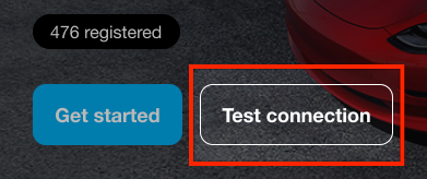 Virtual venue landing page displaying a blue "Get started" button. A red box highlights the "Test connection" button located directly to the right.