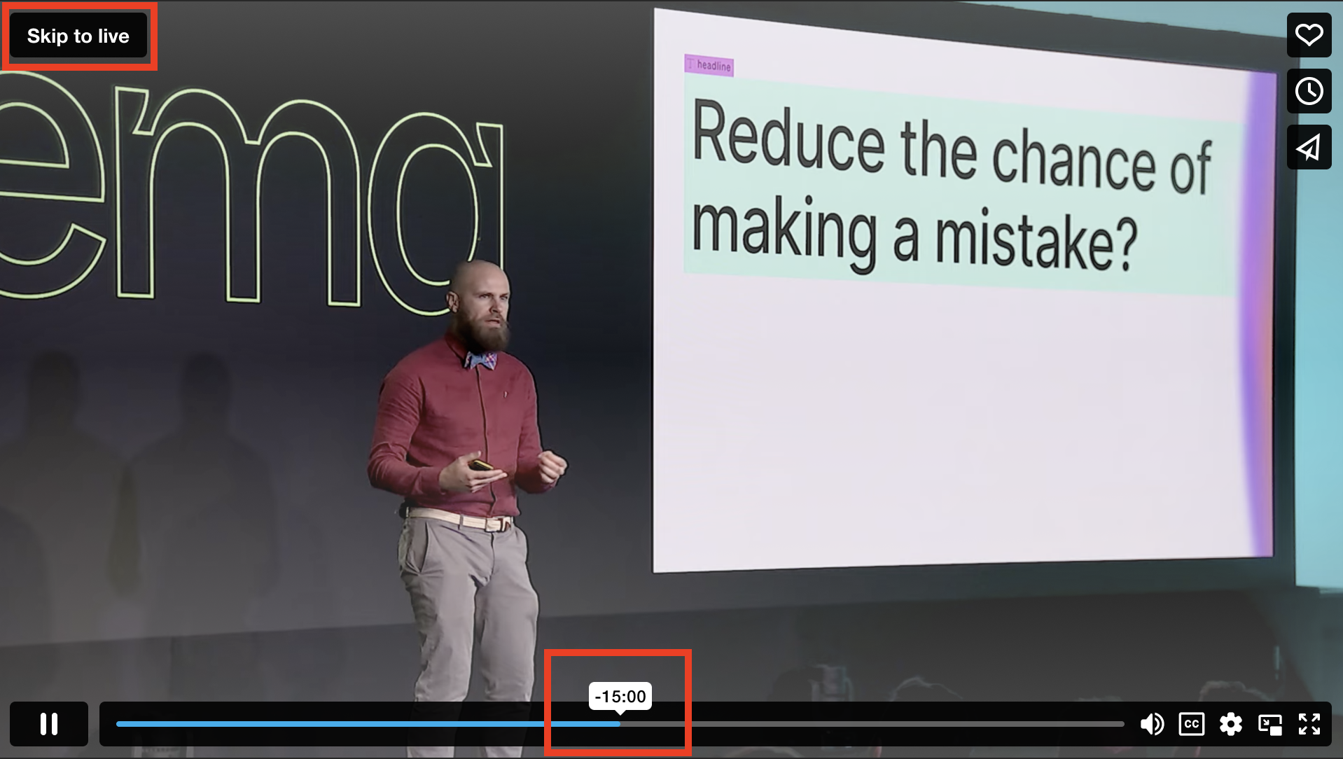 Vimeo live event player interface. A red box highlights the "Skip to live" button in the top-left corner, and another red box highlights the playback scrubber on the bottom timeline, showing a timestamp of "-15:00"