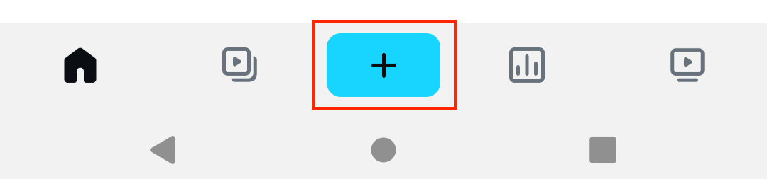 The toolbar of the Vimeo mobile app homepage displaying the navigation bar with a highlighted blue "New Video" button in the middle. It is shaped like a blue rectangle with a black plus sign in the middle.