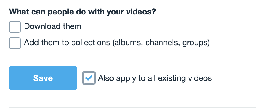 Upload defaults settings page with the 'what can people do with your videos?' section highlighted