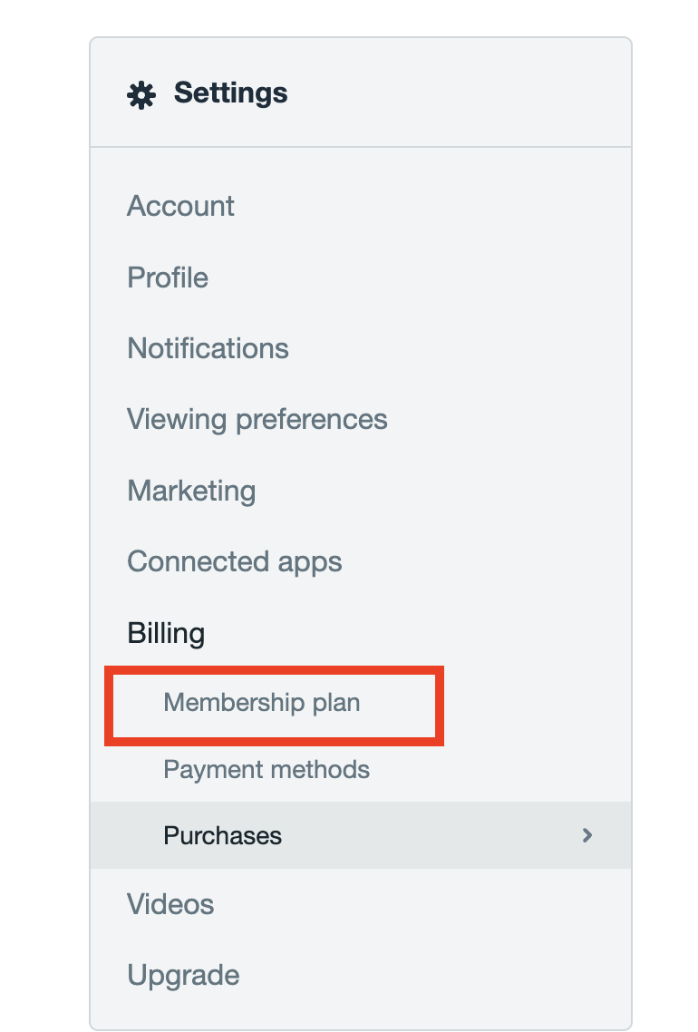 Settings left navigation menu with the Membership plan option highlighted.
