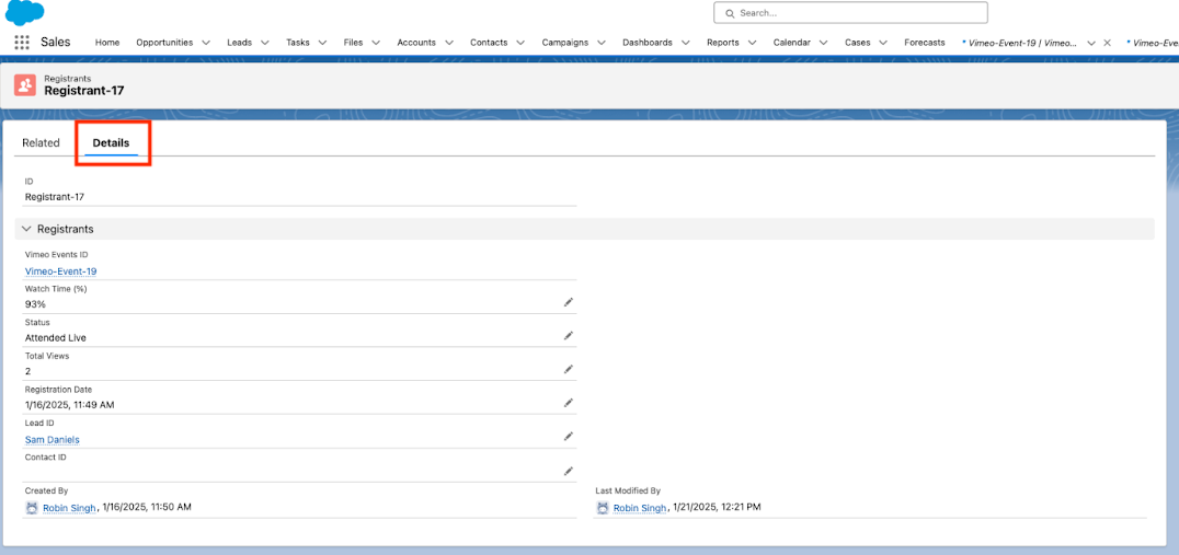 * The “Details" tab displaying details for a registered user. The details include "Vimeo Events ID" "Watch Time (%)" "Status" "Total Views” "Registration Date”, "Lead ID”,  "Contact ID”, “Created By”, and "Last Modified By" details. 