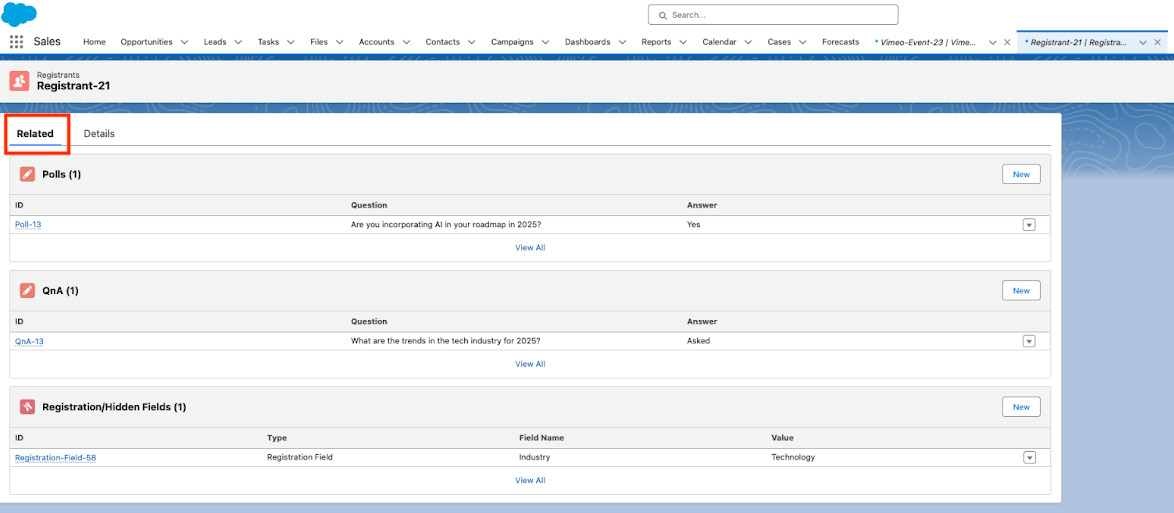 The "Related" tab displays sections for "Polls (1)", "QnA (1)", and "Registration/Hidden Fields (1)" are visible. The "Polls" section shows one poll with the question "Are you incorporating AI in your roadmap in 2025?" and the answer "Yes." The "QnA" section shows one question, "What are the trends in the tech industry for 2025?" and the answer "Asked." The "Registration/Hidden Fields" section shows one field with Type "Registration Field", Field Name "Industry", and Value "Technology." 