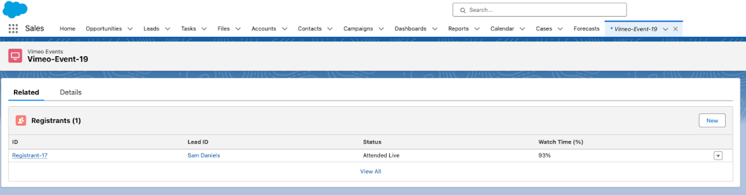 Uma interface do inscrito para o "Vimeo Events" mostra uma aba para o "Vimeo-Event-19" aberta. Abaixo dos detalhes do evento principal, uma seção "Inscritos (1)" está visível, listando um inscrito com ID de leads mostrando o nome do participante, status listado como “Sujeito ao vivo” e Tempo de exibição listado como "93%."