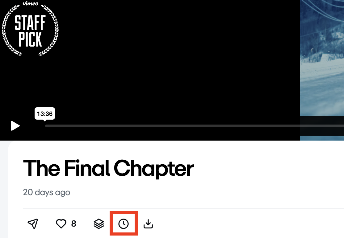 Video player showing action buttons below the title. The 'Watch Later' button, represented by a clock icon, is highlighted by a red box.