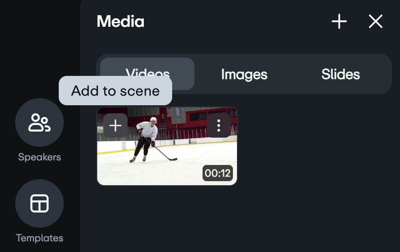 Screenshot showing a video in the Videos panel under the Media menu. It's showing the Add to scene icon that appears over the video thumbnail upon hover.