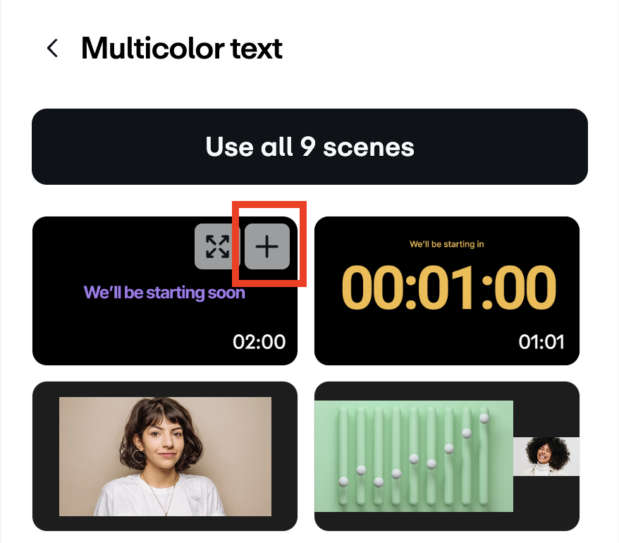 The expanded templates menu. The 'Multicolor text' template thumbnail is selected with a plus-sign button icon highlighted in its top-right corner.