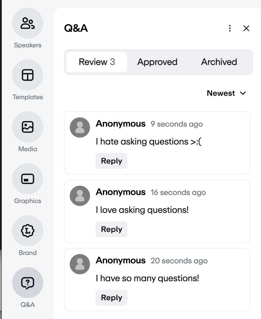 Q&A panel interface showing three anonymous user comments and navigation tabs for 'Review', 'Approved', and 'Archived'.