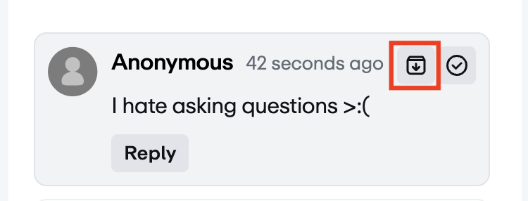 An anonymous comment with 'Archive' and 'approve'. The archive button is shaped like a file with a down arrow.