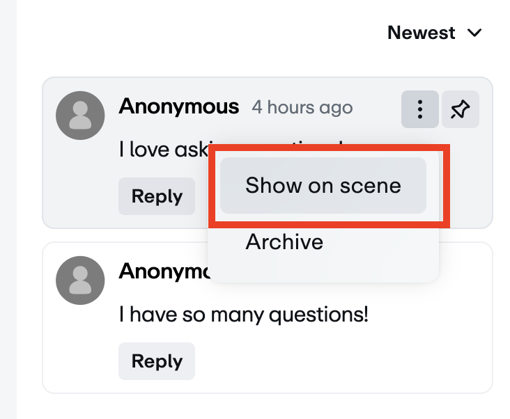 Menu button on an anonymous comment, revealing 'Show on scene' and 'Archive' options.