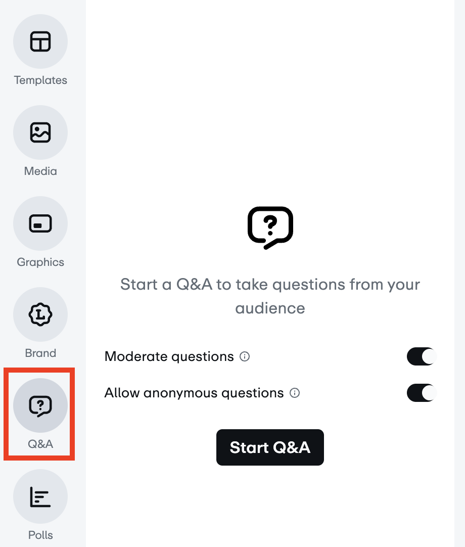  The expanded Q&A menu with toggles for moderation, anonymous questions, and a 'Start Q&A' button.