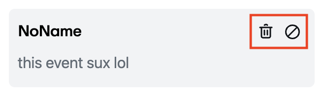 A hovered-over comment with a trash can icon (delete) and a  circle-with-slash icon (block).