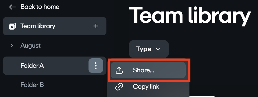 The options menu for one folder is open with the Share option highlighted. It's at the top of the opened menu.