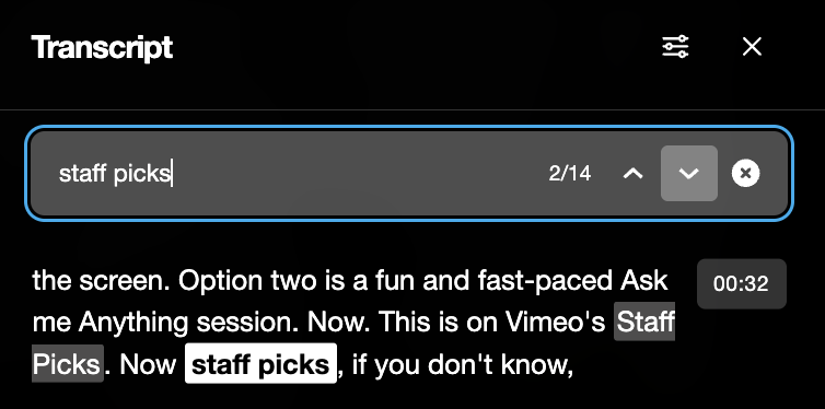 Transcript search bar displaying the search keyword "Staff picks". The search results show that 'Staff picks" appears 14 times in the transcript. The keyword is highlighted in the transcript. 