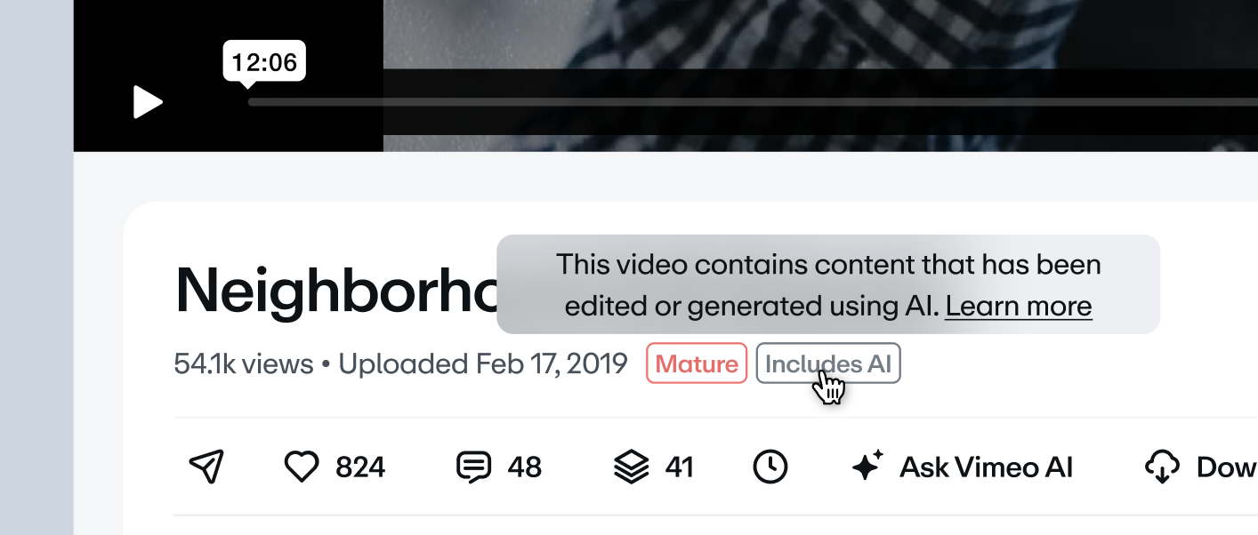 Vimeo video player interface for a video titled 'Neighborhood'. The video has 'Mature' and 'Includes AI' tags. A tooltip explains the AI tag, stating 'This video contains content that has been edited or generated using AI'.