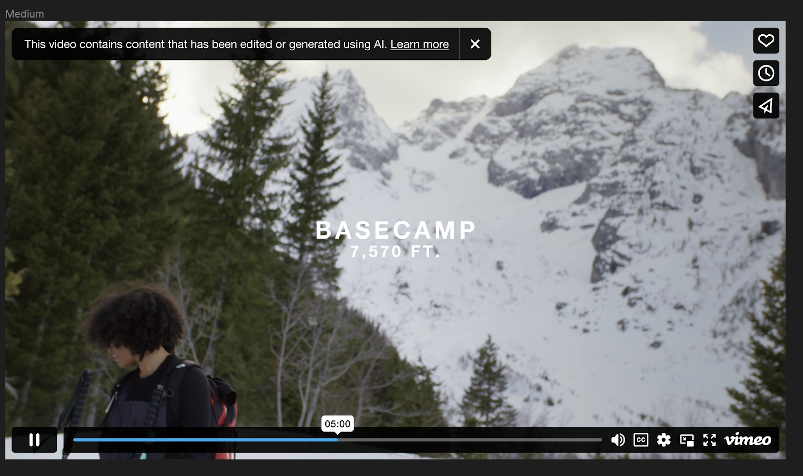 A Vimeo video player showing a person at a snowy mountain basecamp. A banner at the top reads, 'This video contains content that has been edited or generated using AI.'
