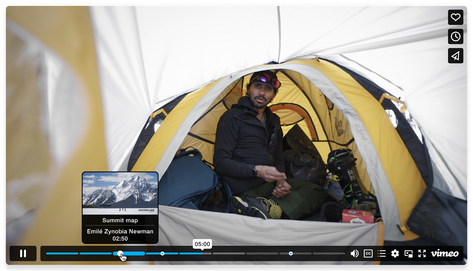 The video player's progress bar highlighting a chapter marker. The playhead is positioned at the 2:50 mark, which displays a chapter overlay containing a title, thumbnail, and additional information.