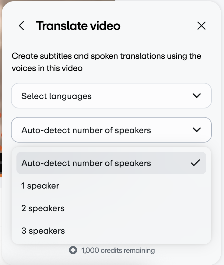 The translate video settings panel showing the Number of speakers dropdown open with the ability to select a number of speakers in the video. It's the second dropdown menu in the panel.