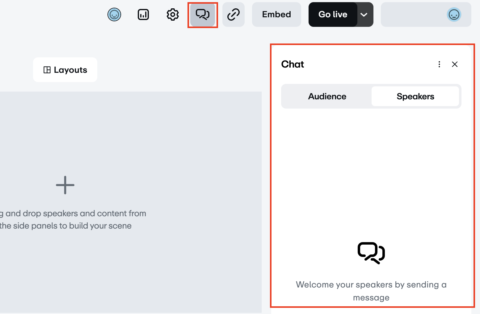 The web-based production tool. The chat icon (represented by two overlapping speech bubbles) in the top toolbar is selected, opening a 'Chat' panel on the right side of the window.  The panel has 'Audience' and 'Speakers' tabs. Above the Speakers tab are an overflow menu button (represented by three vertical dots) and an 'X' to close the chat panel.