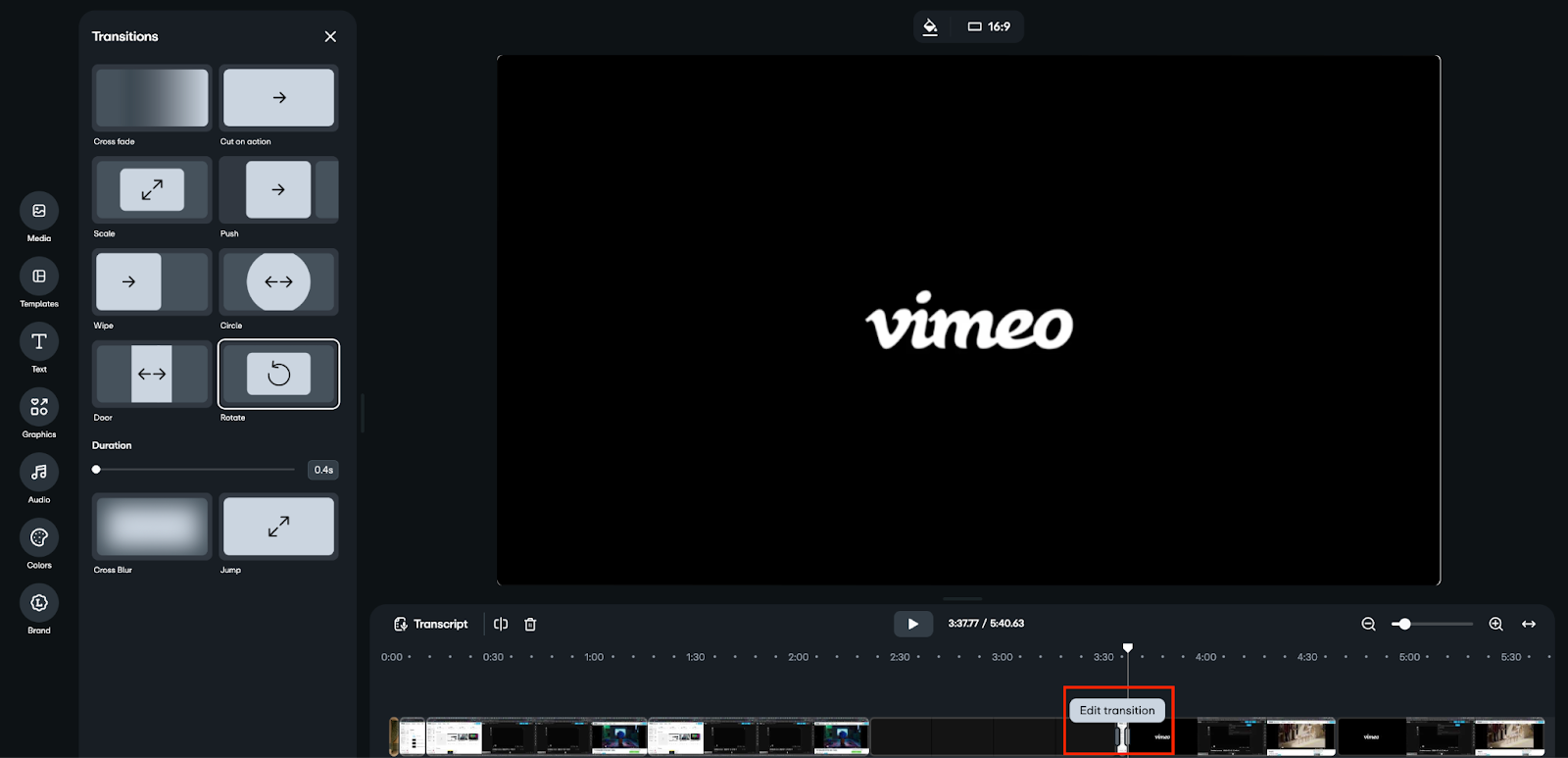 Clicking on 2 clips with a transition pops up a Edit transitions button