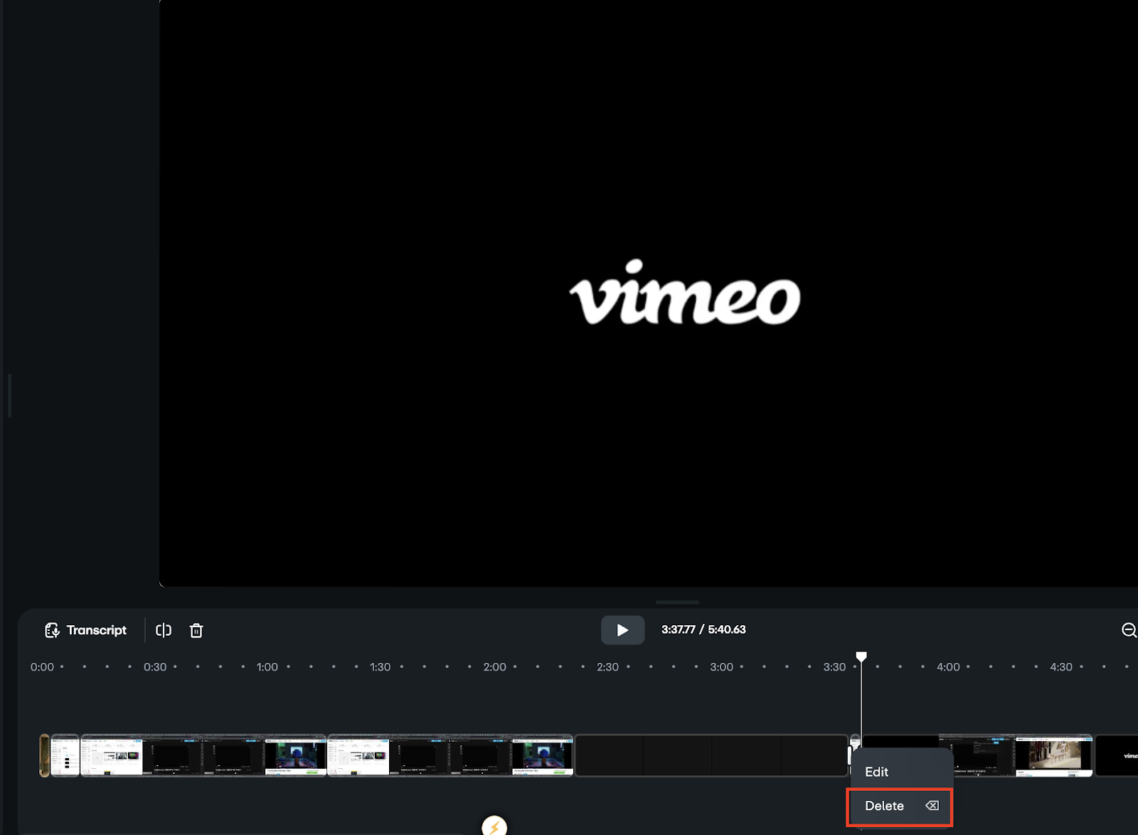 Al hacer clic en el punto de transición del video, se ofrecen opciones para editar o eliminar la transición.