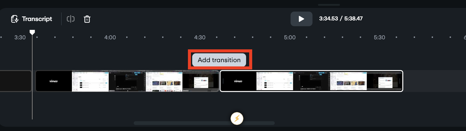 Ein Pop-up mit dem Titel Übergang hinzufügen wird angezeigt, wenn zwischen 2 Clips geklickt wird.