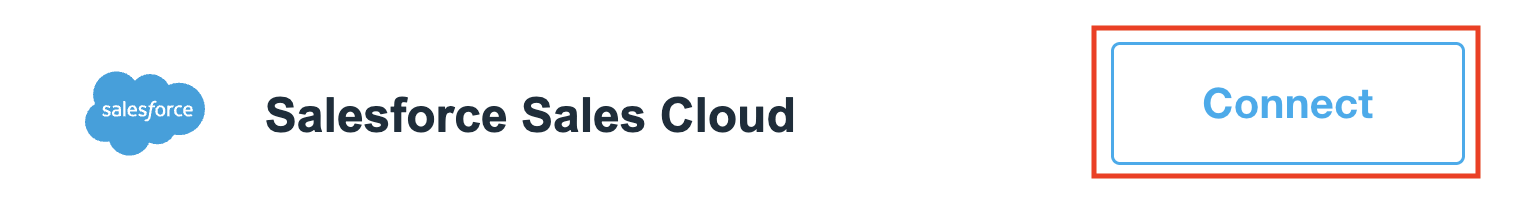 흰색 직사각형 상자에는 Salesforce 로고(파란색 구름에 흰색으로 "salesforce"라고 쓰여 있음)와 "Salesforce Sales Cloud"라는 텍스트가 포함되어 있습니다. 오른쪽에는 모서리가 둥근 흰색 버튼이 있으며, 파란색 윤곽선과 파란색 텍스트로 "Connect"라고 적혀 있습니다.