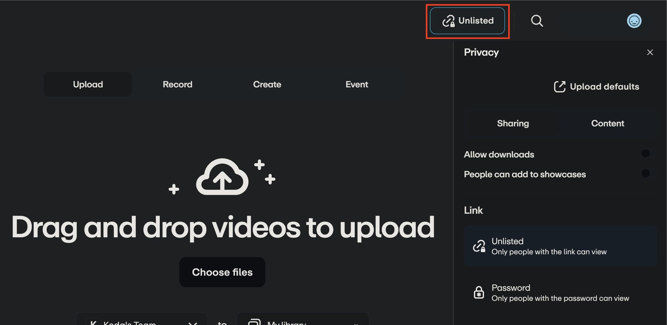 The Vimeo upload page. In the top-right, an 'Unlisted' button is outlined in red. The opened sidebar, labeled 'Privacy', displays settings for privacy and sharing access. 